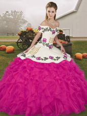 Fuchsia Ball Gowns Organza Off The Shoulder Sleeveless Embroidery and Ruffles Floor Length Lace Up Sweet 16 Quinceanera Dress