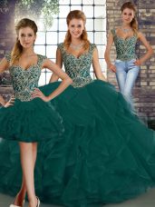 Straps Sleeveless Lace Up Quinceanera Gown Peacock Green Tulle