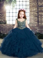 Elegant Blue Sleeveless Tulle Lace Up Little Girls Pageant Dress Wholesale for Party and Wedding Party