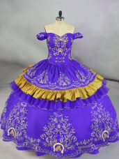 Purple Ball Gowns Off The Shoulder Sleeveless Satin Floor Length Lace Up Embroidery Sweet 16 Quinceanera Dress
