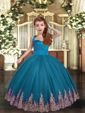 Teal Tulle Lace Up Straps Sleeveless Floor Length Child Pageant Dress Appliques and Ruching