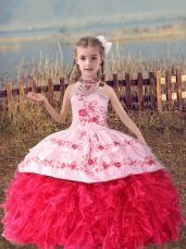 Sleeveless Lace Up Floor Length Beading and Embroidery and Ruffles Girls Pageant Dresses