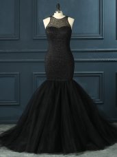 Black Mermaid Beading Zipper Tulle Sleeveless Floor Length