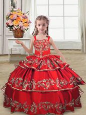 Modern Red Sleeveless Satin Lace Up Pageant Dress for Girls for Wedding Party