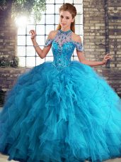 Customized Blue Sleeveless Beading and Ruffles Floor Length Quince Ball Gowns