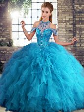 Customized Blue Sleeveless Beading and Ruffles Floor Length Quince Ball Gowns