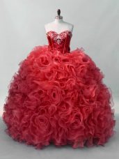 Decent Sleeveless Organza Floor Length Lace Up Quinceanera Gowns in Red with Sequins