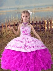Low Price Lilac Lace Up Halter Top Beading and Embroidery and Ruffles Kids Formal Wear Organza Sleeveless