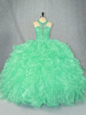 Apple Green Organza Zipper Scoop Sleeveless Floor Length Sweet 16 Dresses Beading and Ruffles