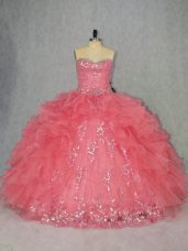 Watermelon Red Organza Lace Up Quinceanera Dress Sleeveless Floor Length Beading and Ruffles