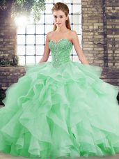 Beading and Ruffles Quinceanera Dress Green Lace Up Sleeveless Brush Train