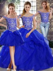Custom Made Royal Blue Off The Shoulder Neckline Beading and Ruffles Sweet 16 Quinceanera Dress Sleeveless Lace Up