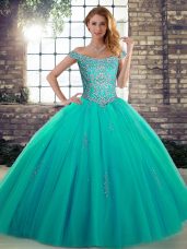 Tulle Sleeveless Floor Length 15th Birthday Dress and Beading