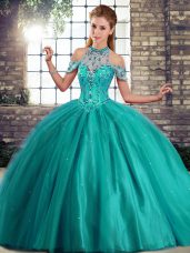 Sexy Tulle Halter Top Sleeveless Brush Train Lace Up Beading 15th Birthday Dress in Turquoise