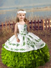 Hot Selling Olive Green Organza Lace Up Little Girl Pageant Gowns Sleeveless Floor Length Embroidery and Ruffles