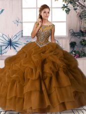 Luxurious Brown Ball Gown Prom Dress Organza Brush Train Sleeveless Beading and Pick Ups