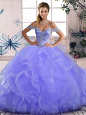 Smart Lavender Tulle Lace Up Off The Shoulder Sleeveless Asymmetrical Vestidos de Quinceanera Beading and Ruffles