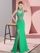 Elegant Green Column/Sheath Beading and Lace and Appliques Evening Dress Backless Chiffon Sleeveless Floor Length