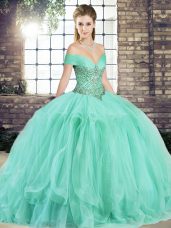 Floor Length Lace Up 15th Birthday Dress Apple Green for Military Ball and Sweet 16 and Quinceanera with Beading and Ruffles