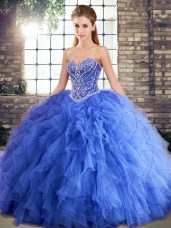 Pretty Blue Sleeveless Beading and Ruffles Floor Length Sweet 16 Dresses