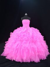 Beading and Ruffles 15 Quinceanera Dress Pink and Rose Pink Lace Up Sleeveless Floor Length