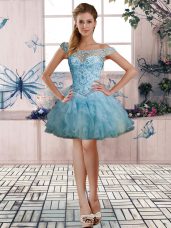 Glamorous Ball Gowns Homecoming Dress Light Blue Off The Shoulder Organza Sleeveless Mini Length Lace Up