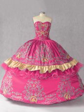 Cute Hot Pink Ball Gowns Sweetheart Sleeveless Satin and Organza Lace Up Embroidery Sweet 16 Dress