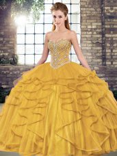 Designer Tulle Sweetheart Sleeveless Lace Up Beading and Ruffles Quinceanera Dresses in Gold