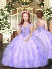 Stunning Sleeveless Floor Length Beading and Ruffles Lace Up Pageant Dress for Teens with Lavender