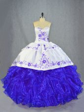 Eye-catching Sleeveless Organza Brush Train Lace Up Quinceanera Dress in Blue And White with Beading and Embroidery and Ruffles