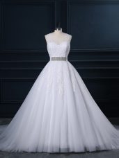 Best Selling Tulle Scoop Sleeveless Court Train Zipper Beading and Lace Wedding Dress in White