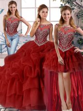 Shining Scoop Sleeveless Sweet 16 Dresses Brush Train Beading and Pick Ups Wine Red Organza