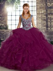 Fuchsia Lace Up Quinceanera Gown Beading and Ruffles Sleeveless Floor Length