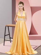 V-neck Sleeveless Evening Dress Brush Train Beading Gold Elastic Woven Satin