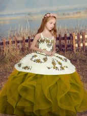 Straps Sleeveless Pageant Gowns Floor Length Embroidery and Ruffles Olive Green
