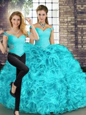 Dazzling Aqua Blue Off The Shoulder Neckline Beading and Ruffles Sweet 16 Dresses Sleeveless Lace Up