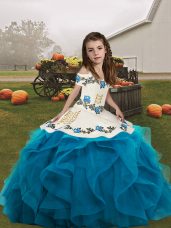 Straps Sleeveless Organza Girls Pageant Dresses Embroidery and Ruffles Lace Up