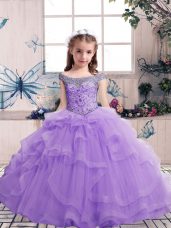 Eye-catching Sleeveless Tulle Floor Length Lace Up Pageant Dress for Womens in Lavender with Beading and Ruffles