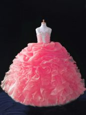 Great Coral Red Sleeveless Floor Length Beading and Ruffles and Pick Ups Zipper Child Pageant Dress