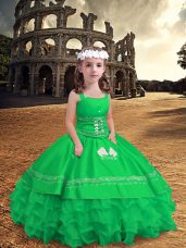 Eye-catching Embroidery and Ruffled Layers Little Girls Pageant Dress Wholesale Green Zipper Sleeveless Floor Length