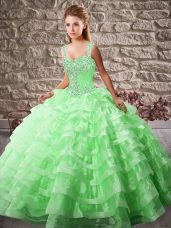 Green Ball Gowns Beading and Ruffled Layers Sweet 16 Dresses Lace Up Organza Sleeveless
