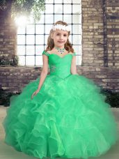 Beading and Ruffles and Ruching Kids Pageant Dress Apple Green Lace Up Sleeveless Floor Length