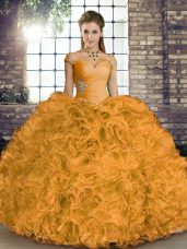 Stunning Off The Shoulder Sleeveless Quince Ball Gowns Floor Length Beading and Ruffles Orange Organza