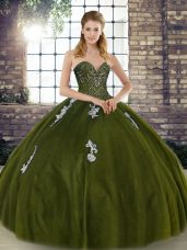 Sweetheart Sleeveless Sweet 16 Quinceanera Dress Floor Length Beading and Appliques Olive Green Tulle