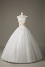 Modern Sleeveless Tulle Floor Length Lace Up Wedding Dress in White with Beading and Lace