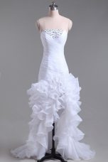Beautiful White Mermaid Beading and Ruffles Wedding Dresses Zipper Organza Sleeveless High Low