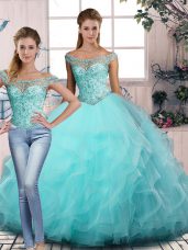 Hot Sale Aqua Blue Two Pieces Beading and Ruffles 15th Birthday Dress Lace Up Tulle Sleeveless Floor Length