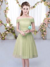 Free and Easy Olive Green Empire Tulle Off The Shoulder Short Sleeves Belt Knee Length Lace Up Bridesmaid Dress