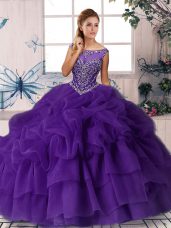 Ideal Purple Sleeveless Brush Train Beading and Pick Ups Quince Ball Gowns