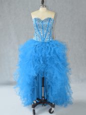 Sleeveless Organza High Low Lace Up Celebrity Dress in Aqua Blue with Beading and Ruffles